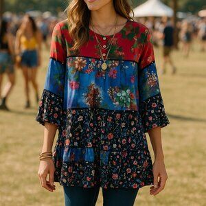 Calessa Women’s Boho Floral Tunic Top Medium Multicolor Rayon 3/4 Sleeve